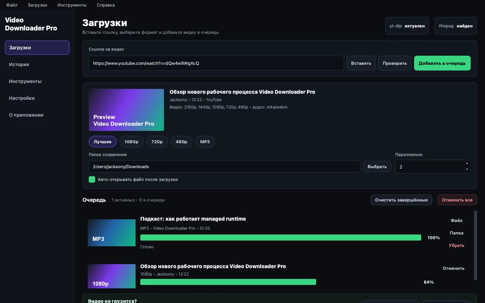 Video Downloader Pro — Открытое приложение для Windows: загрузка видео и аудио, выбор формата, очередь и история операций.